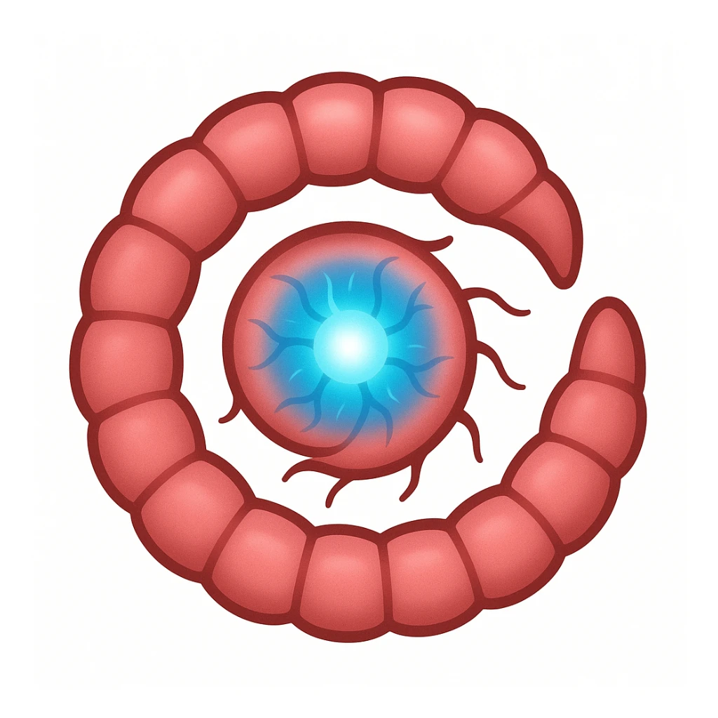Edit the image to look like the original Neurax Worm from Plague Inc: a segmented pinkish worm with a glowing blue neural core, subtle neural tendrils, and the iconic spiral shape. The style should emulate the emoji style, focusing on concise and clear features typical of emojis. sticker
