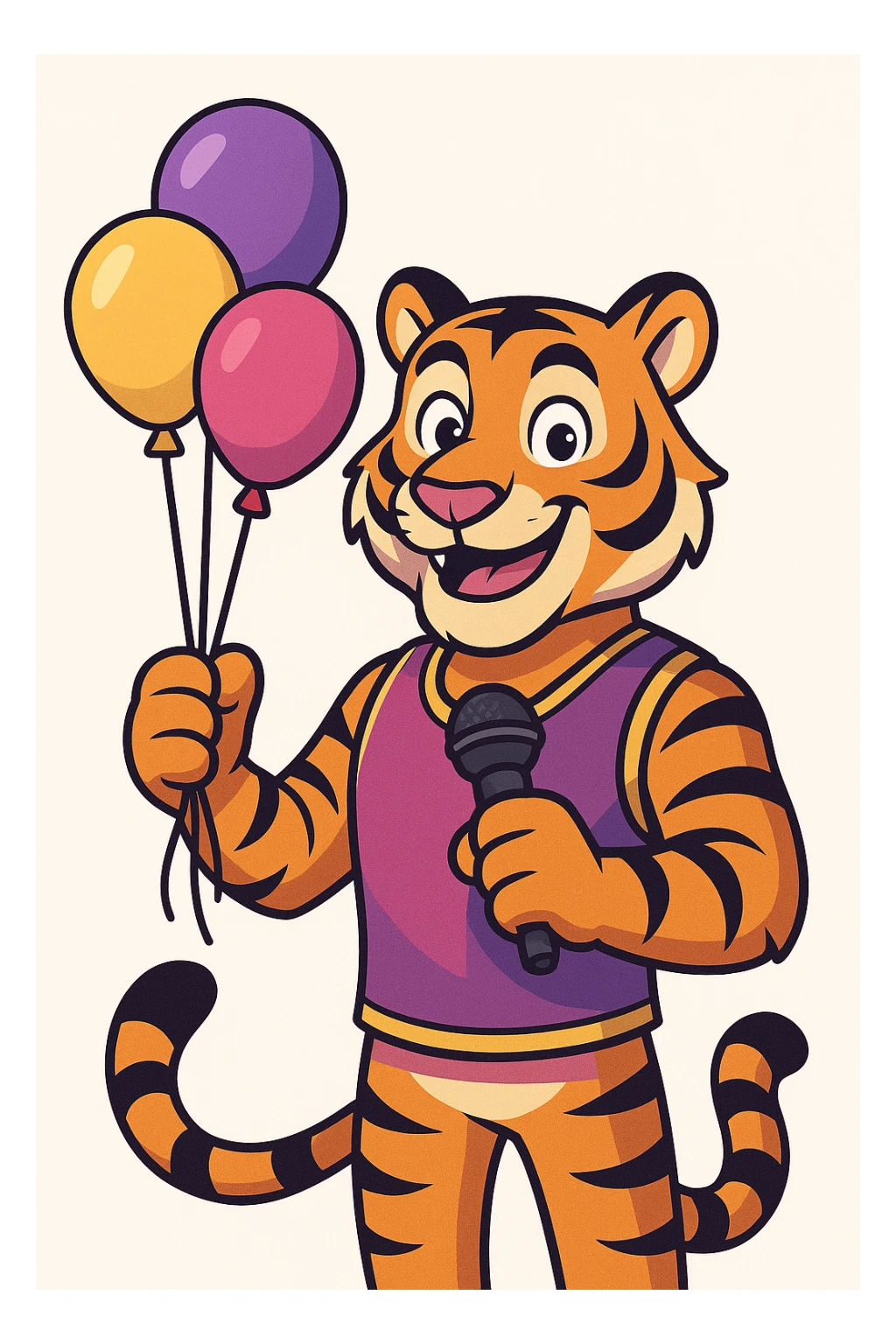 cartoon-style male tiger mascot standing upright smiling confidently with big eyes and a friendly expression wearing a purple and fuchsia vest or t-shirt holding party balloons in one hand microphone in the other clean modern colorful style with bold outlines and smooth shading color palette purple to fuchsia gradient gold accents white details energetic and fun perfect for a party and event company plain white background sticker