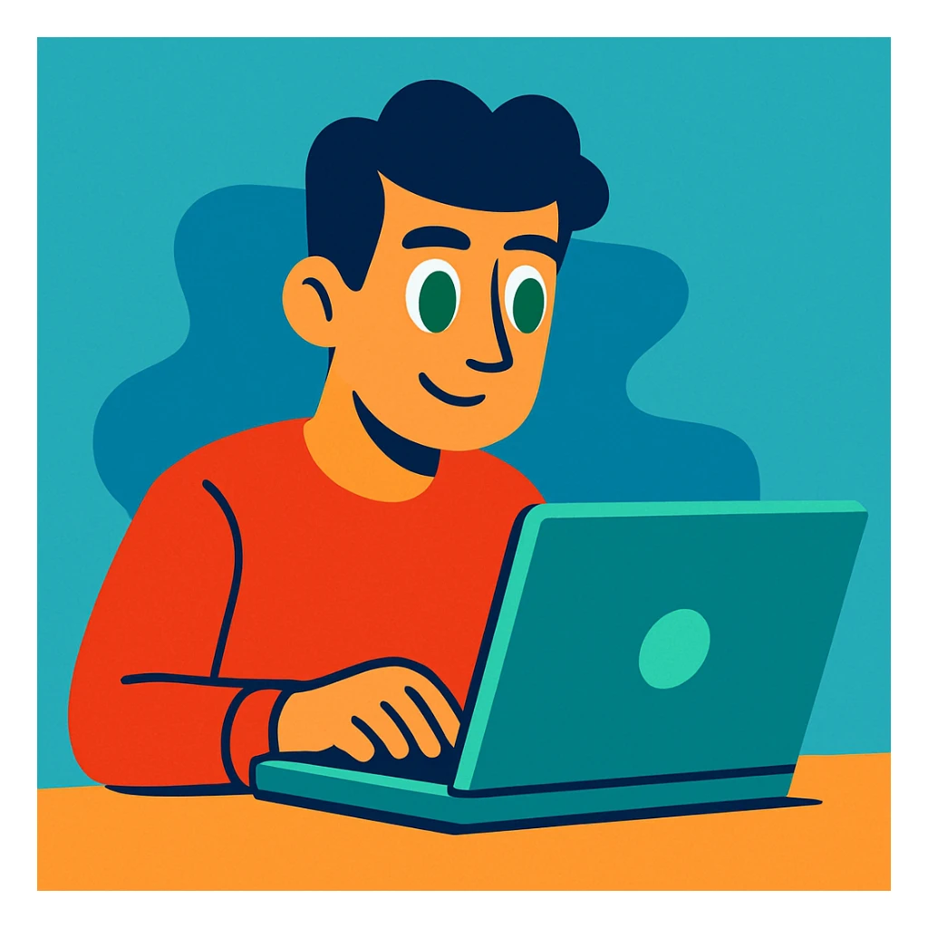 man with dark hair and green eyes working on a laptop, simple background, vibrant cartoon style sticker