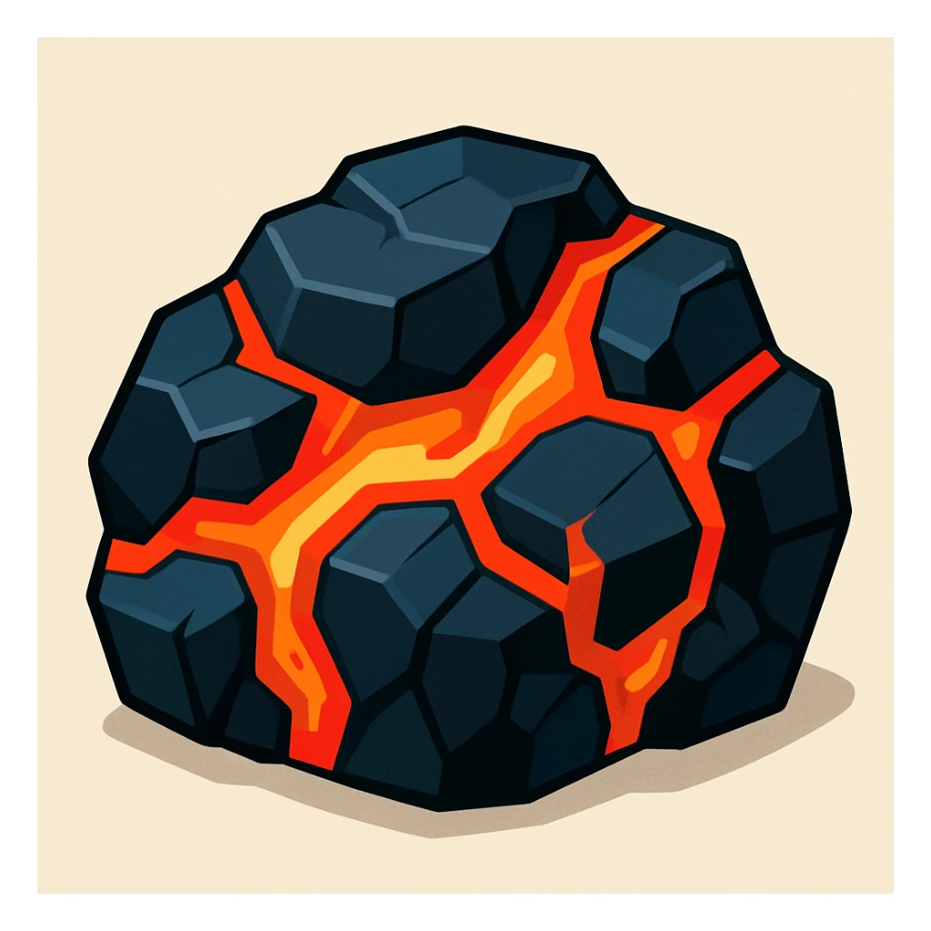 a chunk of black volcanic rock with molten lava veins, stylized sticker