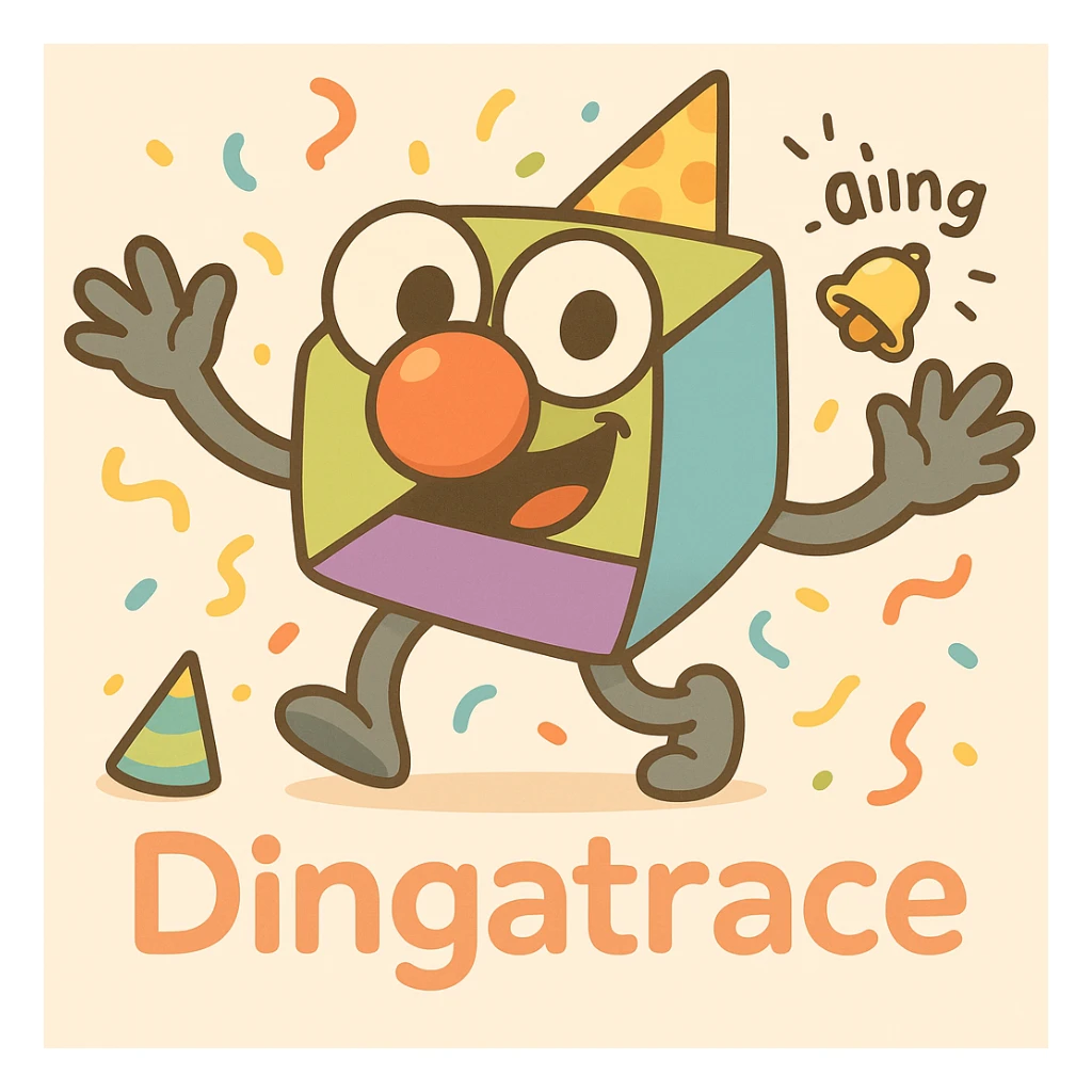 Add playful 'Dingatrace' flair by changing any Dynatrace text to 'Dingatrace'. Add a cartoon bell or ding sound effect. Preserve the party and clown theme. sticker