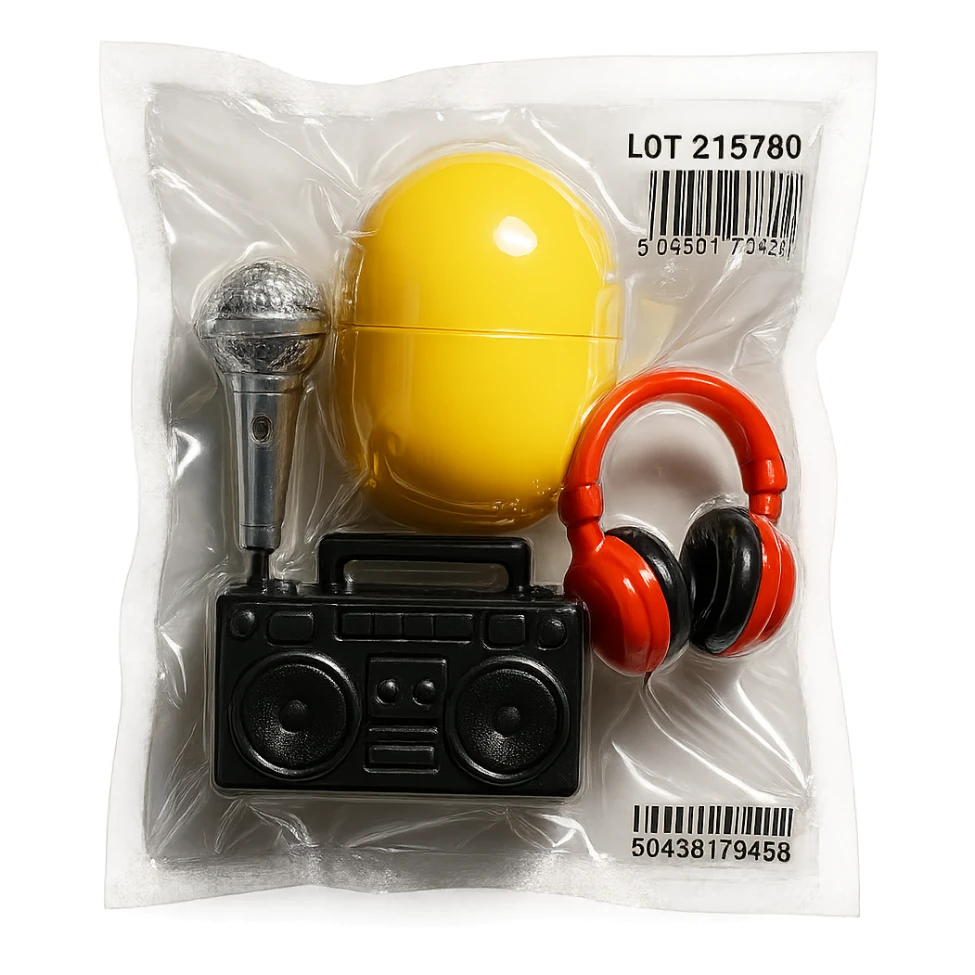 Kinder Surprise egg opened showing toys: microphone, boombox, headphones, shiny and inflated vacuum-sealed style sticker