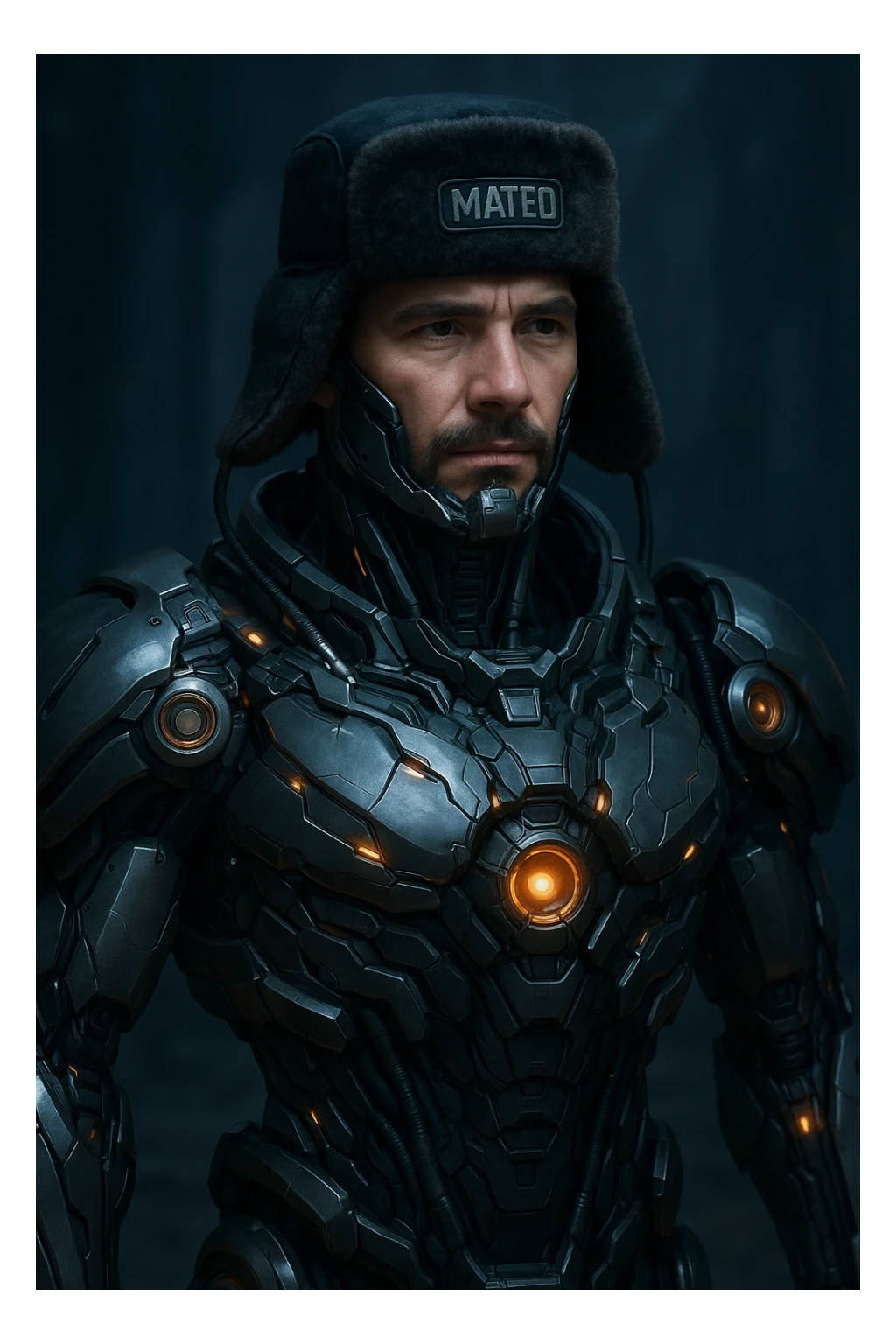 Mateo in a mech suit with a shapka hat on top, blending human and machine features, futuristic and creative sticker