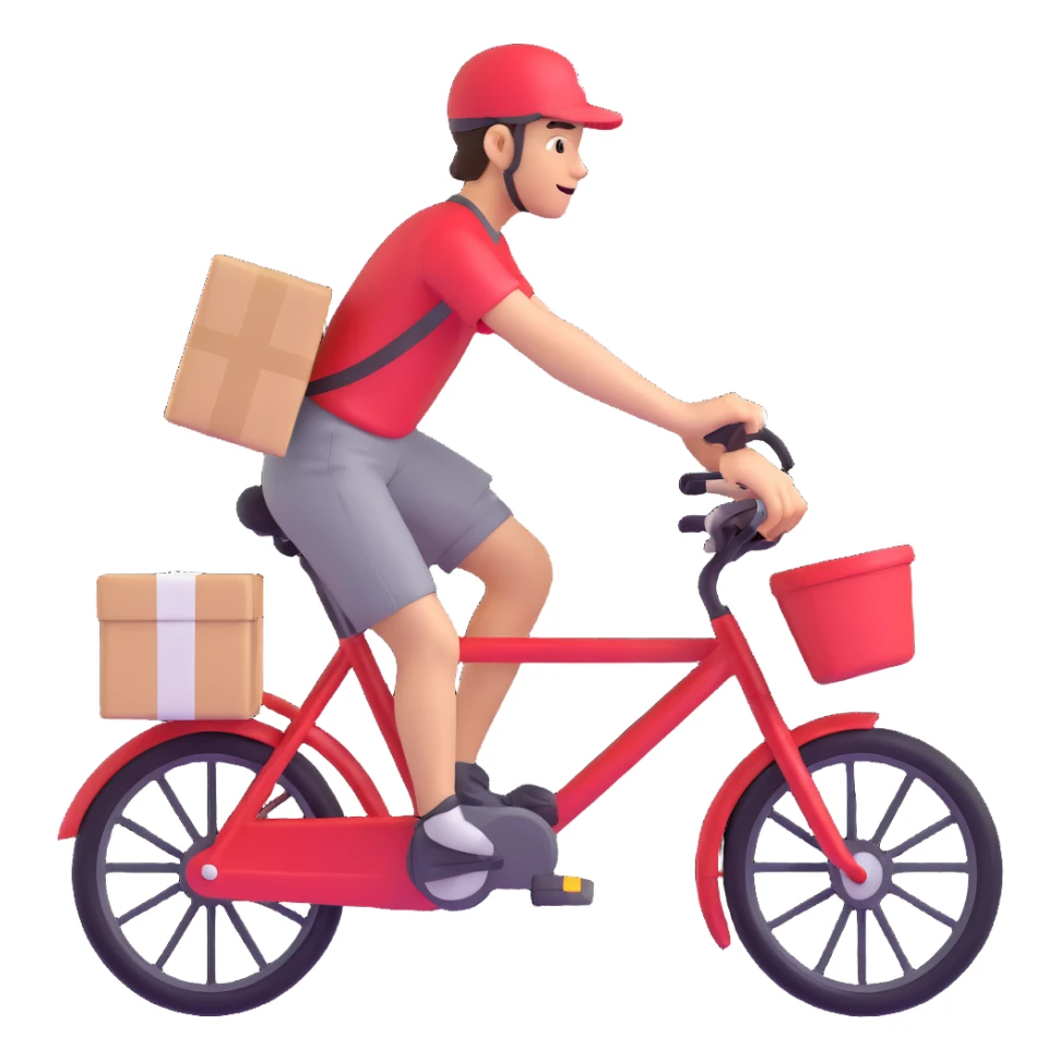 delivery worker in a red dress on a bike, dynamic pose, with a parcel in hand sticker