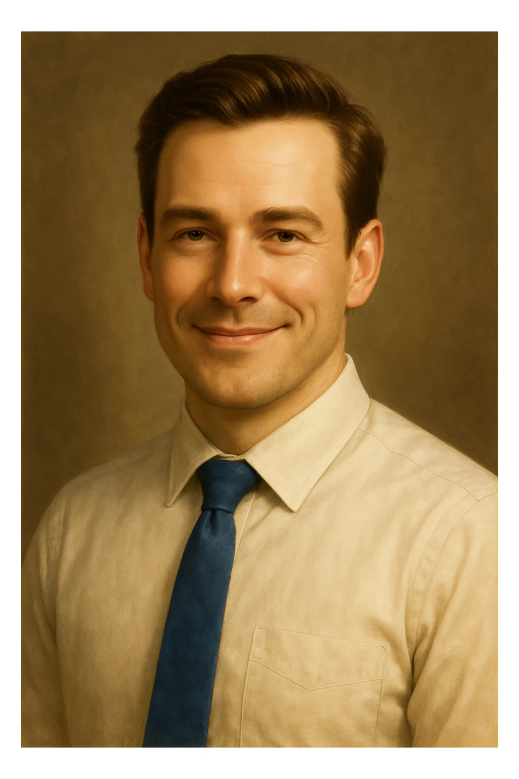 Make the professional looking white pale man with brown hair smile, keep formal shirt, confident expression, semi-realistic digital art style. sticker