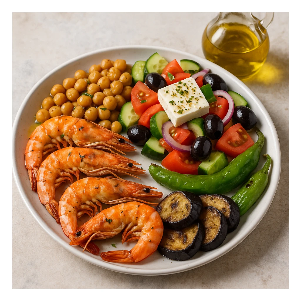 realistic Mediterranean meal plate with seafood, vegetables, and olive oil, vibrant colors sticker