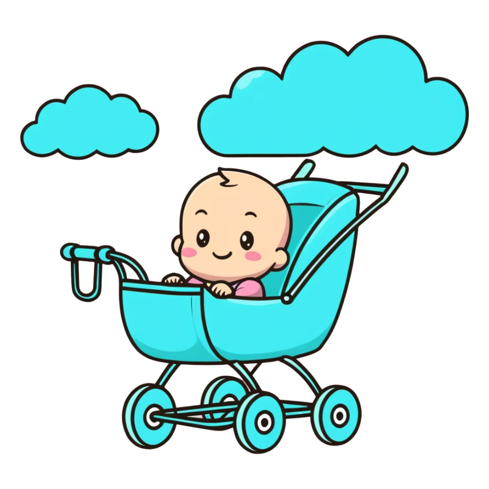 happy baby sitting in pink and beige stroller with pastel blue clouds decoration sticker
