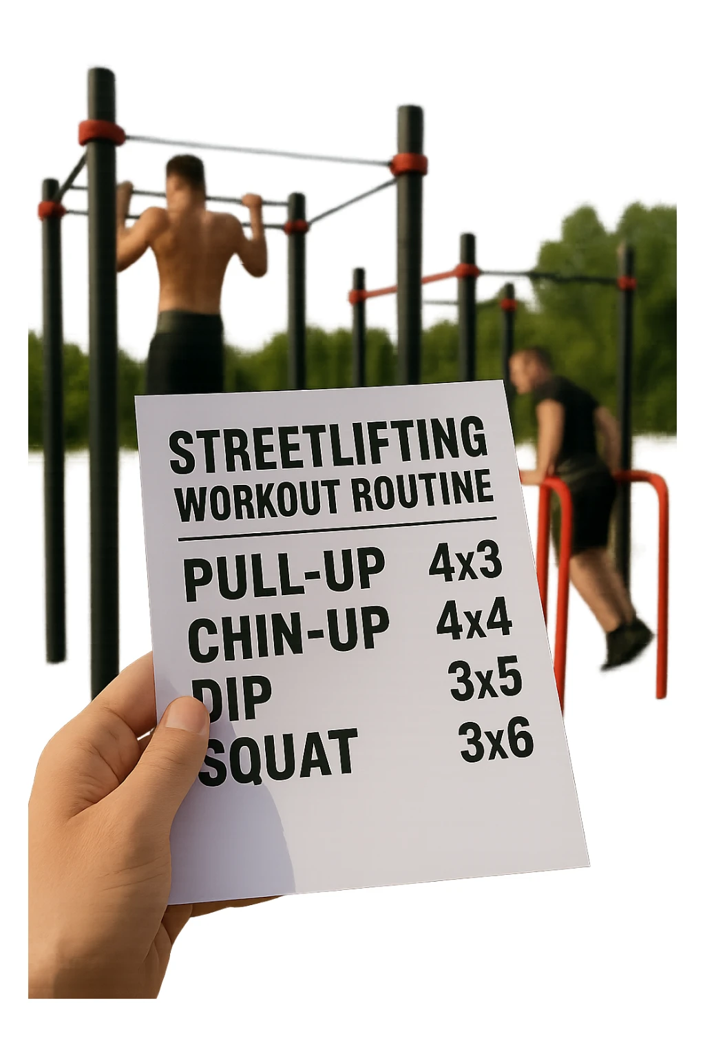 a close-up of a hand holding a printed streetlifting workout routine, with the exercises and sets written in bold text. In the background, an outdoor gym with pull-up bars, dip stations, and athletes wearing weighted belts. The lighting is natural, and the mood is motivational. sticker