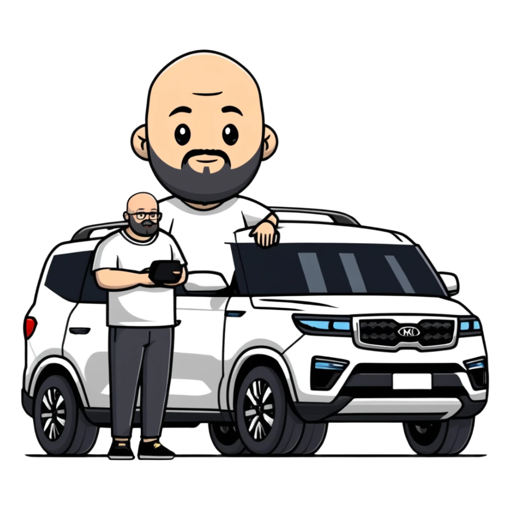 bald man with beard standing next to a white Kia Mohave SUV sticker