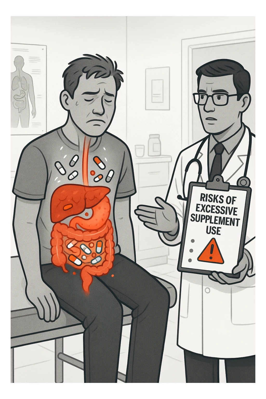 a man sits on a doctor’s examination table, looking fatigued and uncomfortable. A transparent anatomical overlay reveals his liver and intestines, both appearing inflamed and congested, with stylized supplement capsules and pills scattered throughout the digestive tract. The doctor stands nearby, holding a chart that highlights the risks of excessive supplement use. The mood is clinical and educational. sticker
