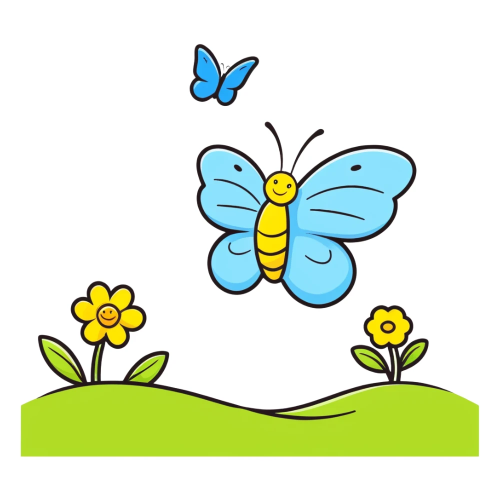 Happy blue butterfly with a big smile flying in a spring meadow with blooming flowers sticker