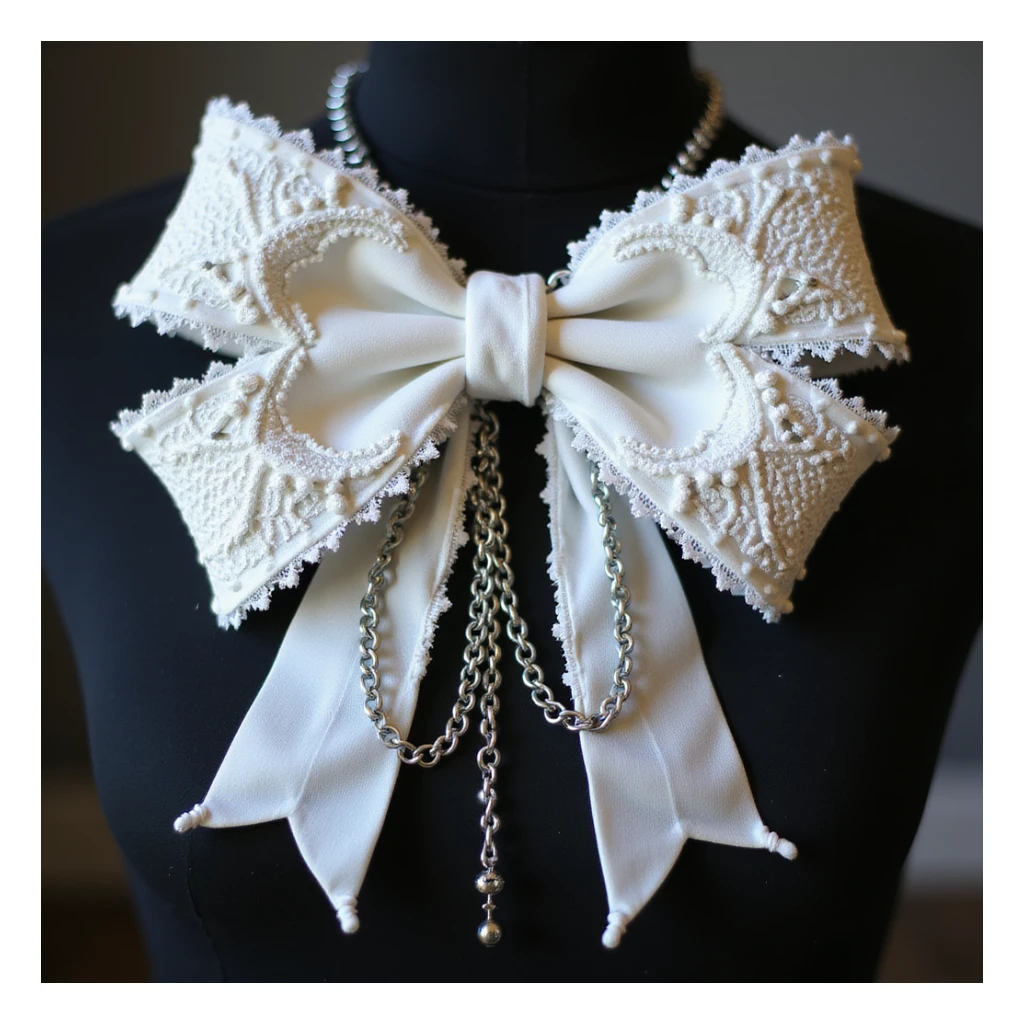 realistic white gothic bow with lace, dramatic pointed ends, ornate silver chains, transparent background sticker