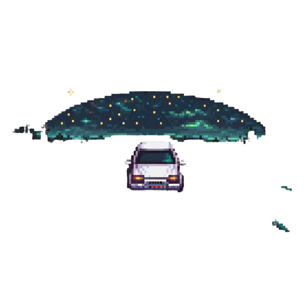 car driving on a dark road at night with stars sticker