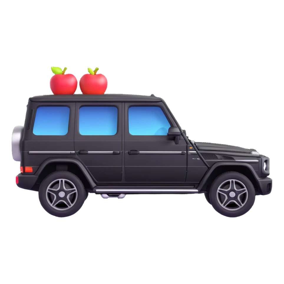 Create a small and simple Mercedes G-Class SUV in exact side view angle as the reference image. The design should be minimized in details, black color, colorful and friendly, in a 3D Apple emoji-like style. sticker
