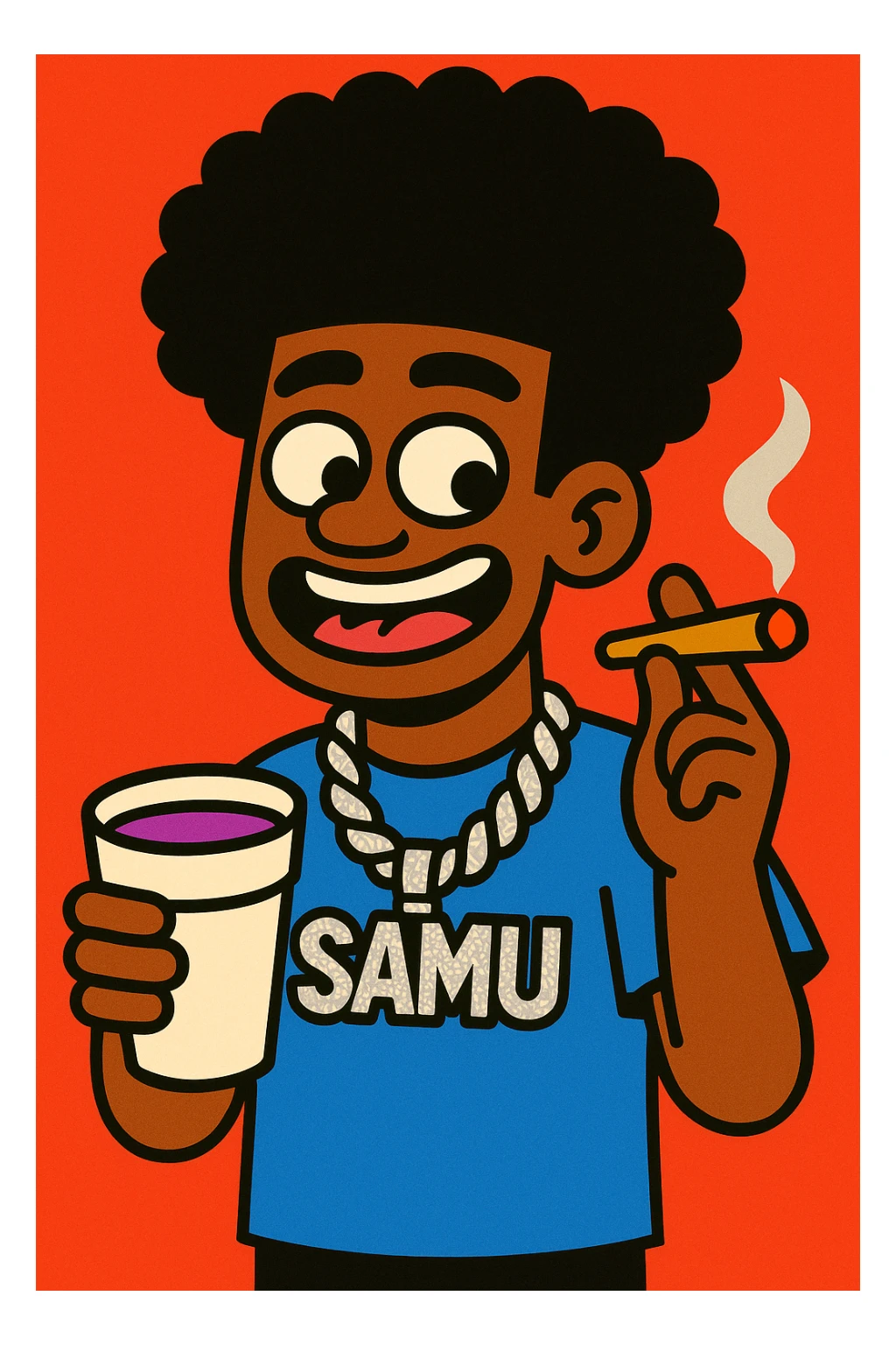 character with a high curly afro, flashy 'samu' diamond chain, holding a cup of lean and a joint, vibrant cartoon style sticker