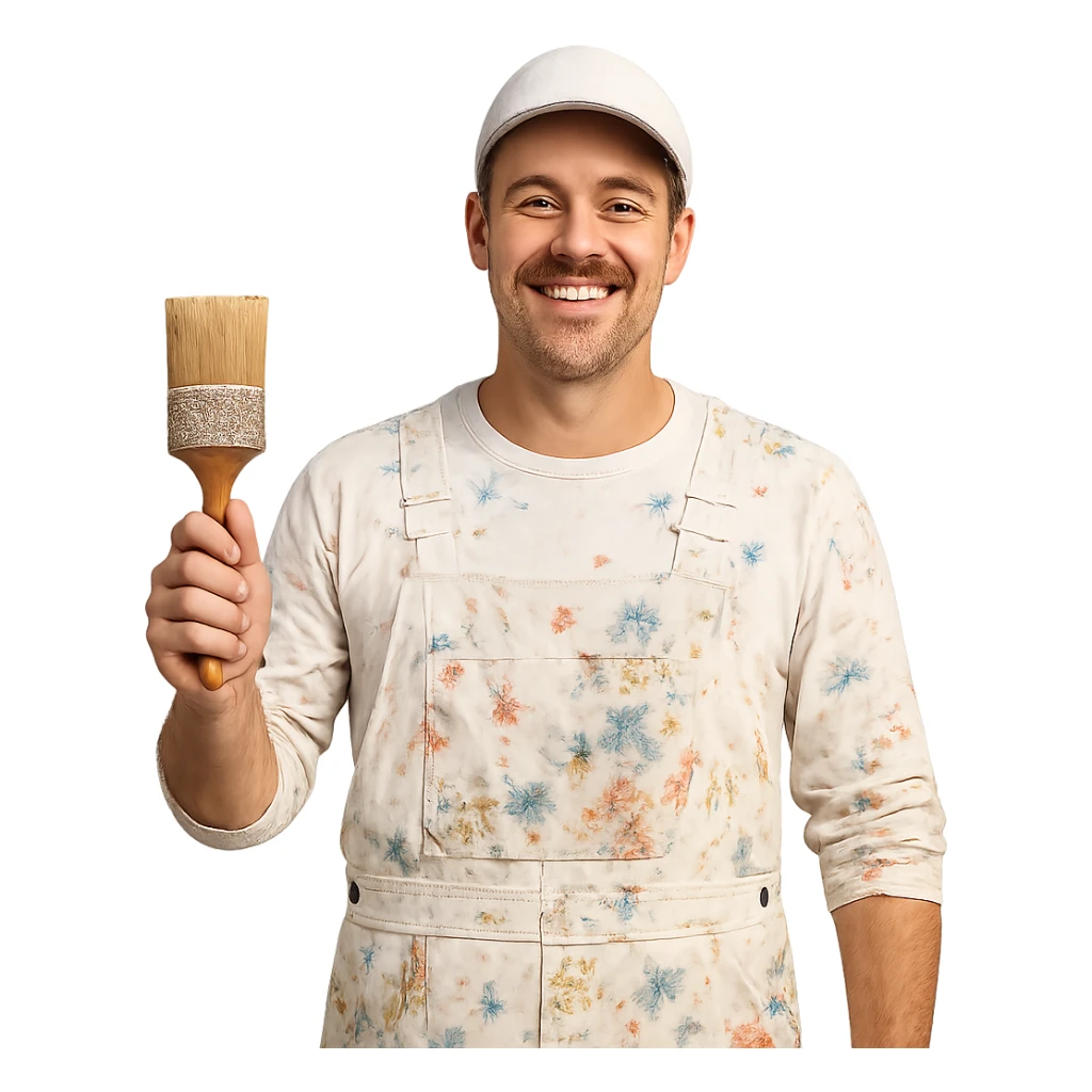 smiling painter man with a moustache and short hair, paint stains on clothes sticker