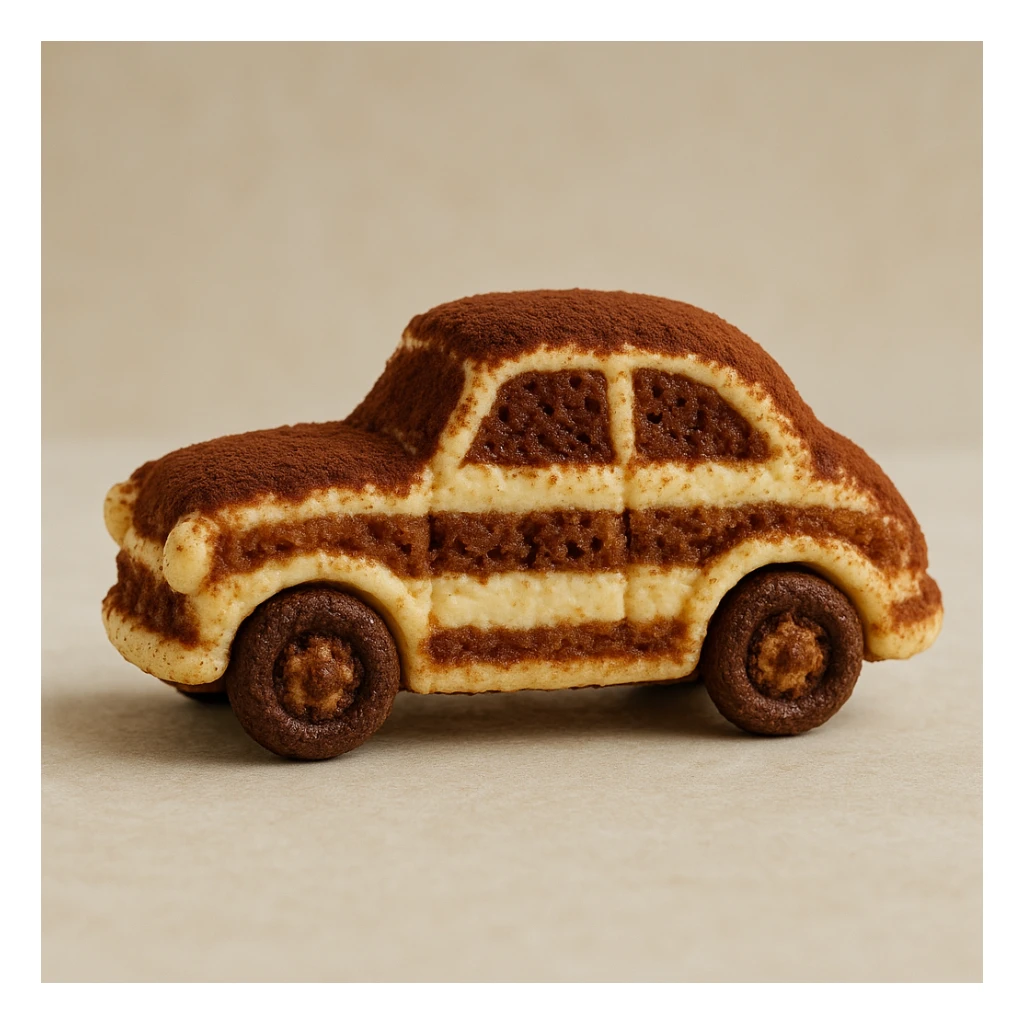 side view, miniature car sculpted from tiramisu, visible dessert layers, fun and edible look sticker