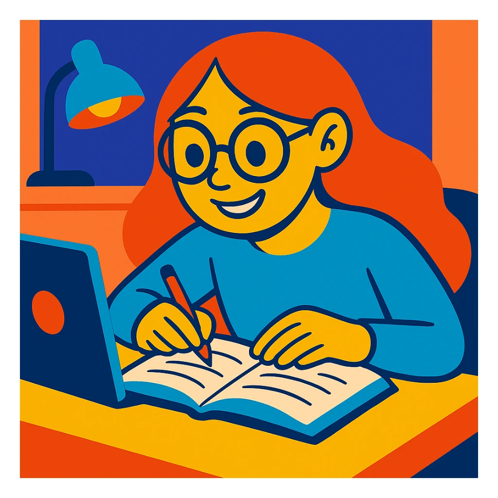 Make the girl smile, keep her long hair and specs, concentrating on her work, vibrant cartoon style with bright colors, dynamic shading, and expressive features. sticker