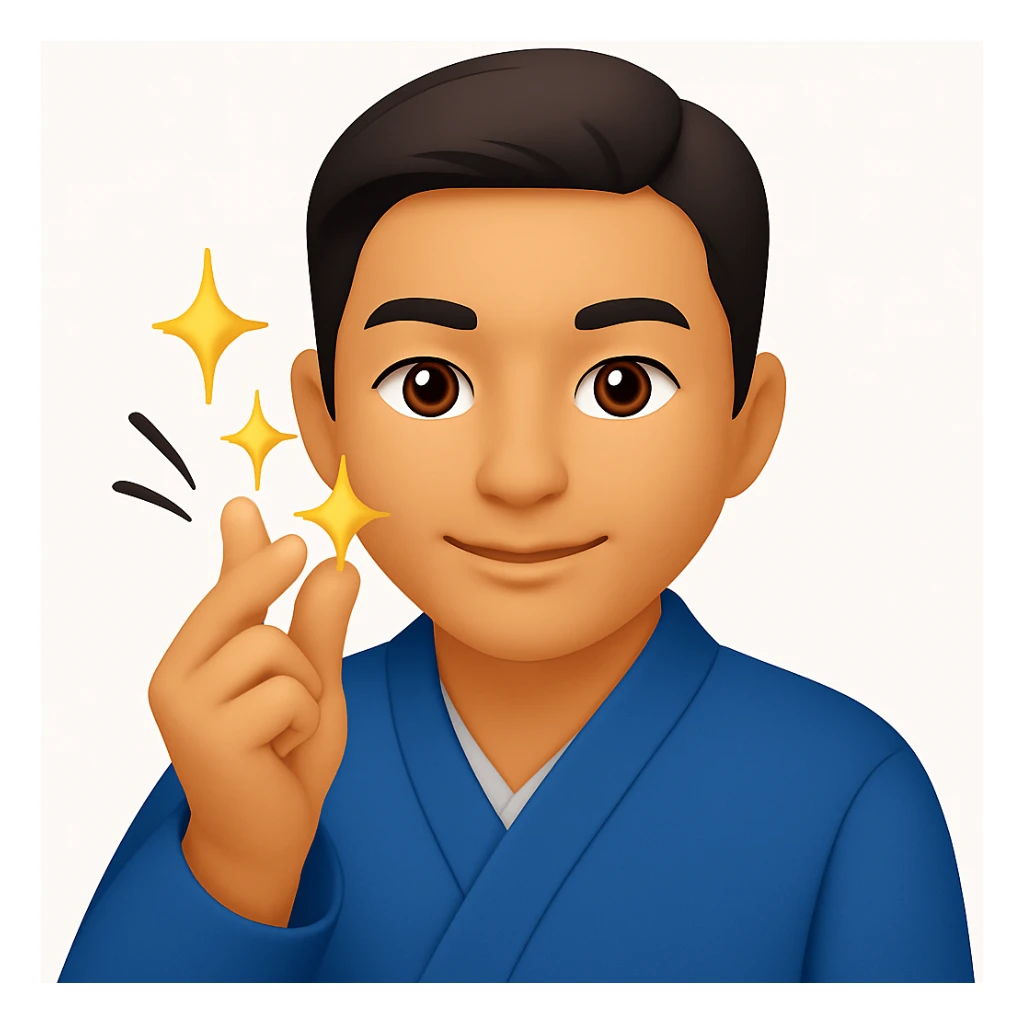 Change the man's jacket to a blue color, keep the dynamic finger snap motion and emoji style sticker