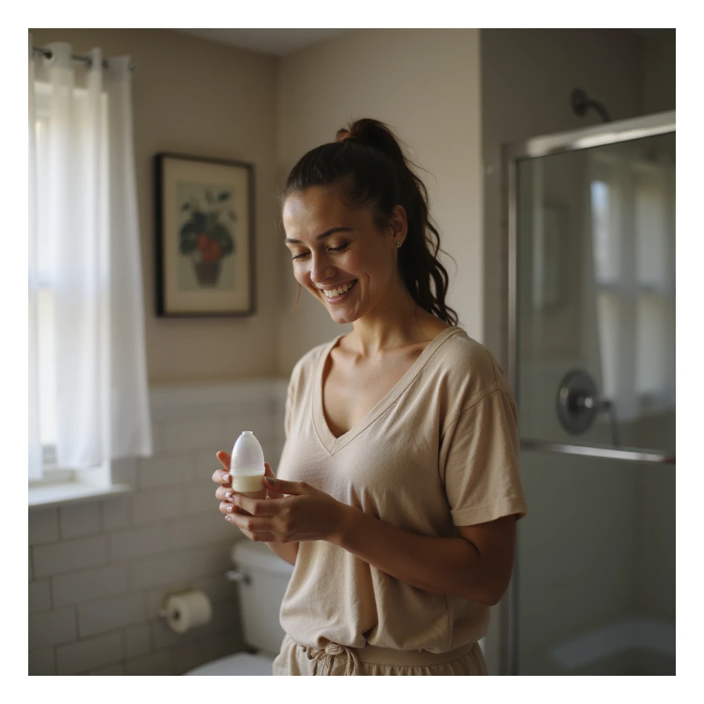 woman with PCOS in bathroom, wearing comfortable clothes, happily looking at a menstrual cup, realistic home environment, vertical 9:16, hyperrealistic 4K details sticker
