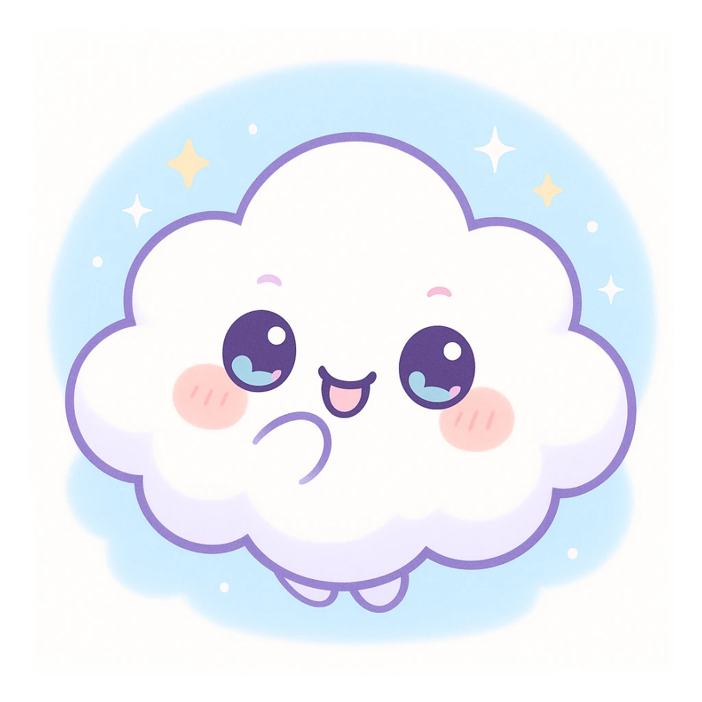 chibi-style kawaii cloud character, smiling face, pastel colors, giggling, mischievous eyes, soft lighting, floating in a blue sky with sparkles and stars, cartoon-style, clean background, digital art, 4k, extra puffy sticker
