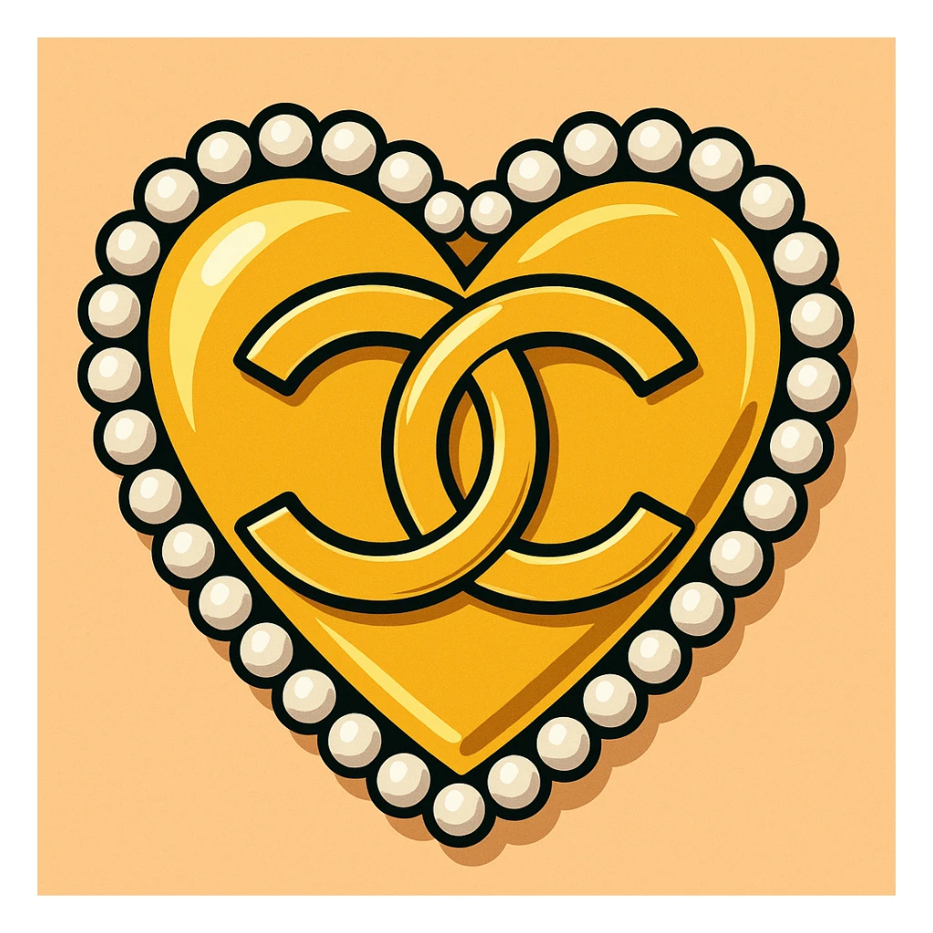 Chanel heart with interlocking C's, metallic gold, pearl border, elegant, vibrant toon style sticker