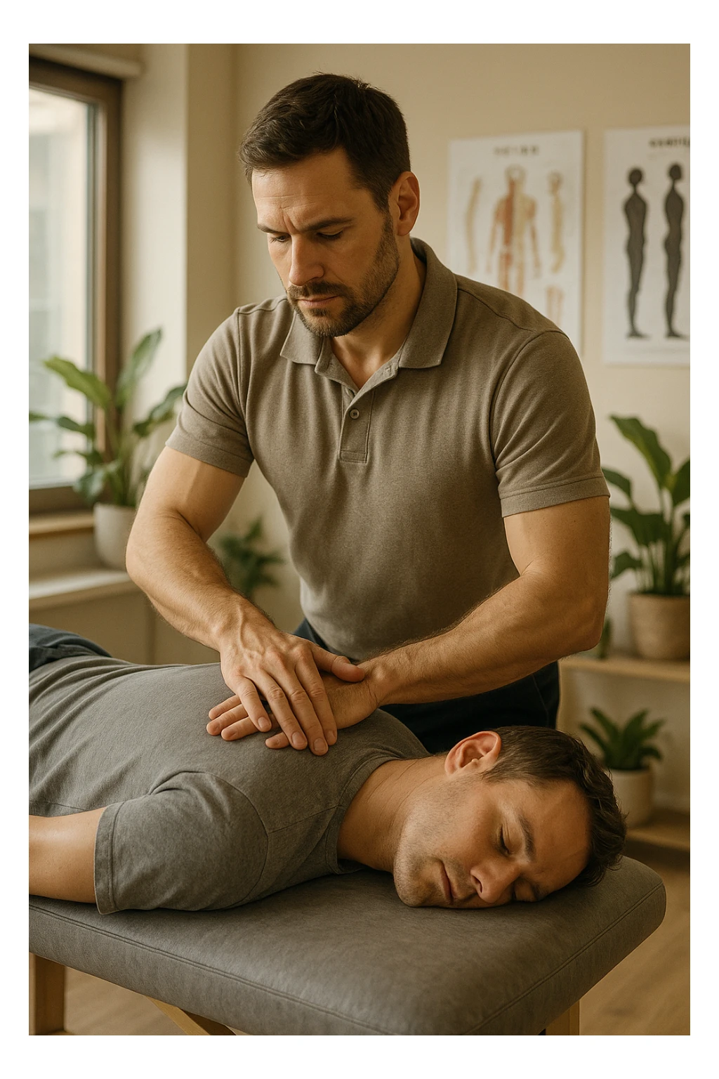 A realistic, cinematic illustration of a professional osteopath in his late 30s, wearing a fitted polo shirt in a neutral color, performing gentle manual manipulations on a patient to improve posture. The osteopath uses precise hand placement along the patient's upper back and cervical spine while the patient lies on a comfortable treatment table in a bright, modern clinic. Anatomical posters showing the spine and posture alignment are on the wall, and the room has warm, natural lighting with plants for a calming atmosphere. The scene emphasizes hands-on osteopathic care to restore body alignment, spinal mobility, and posture, showcasing trust, professionalism, and holistic care sticker