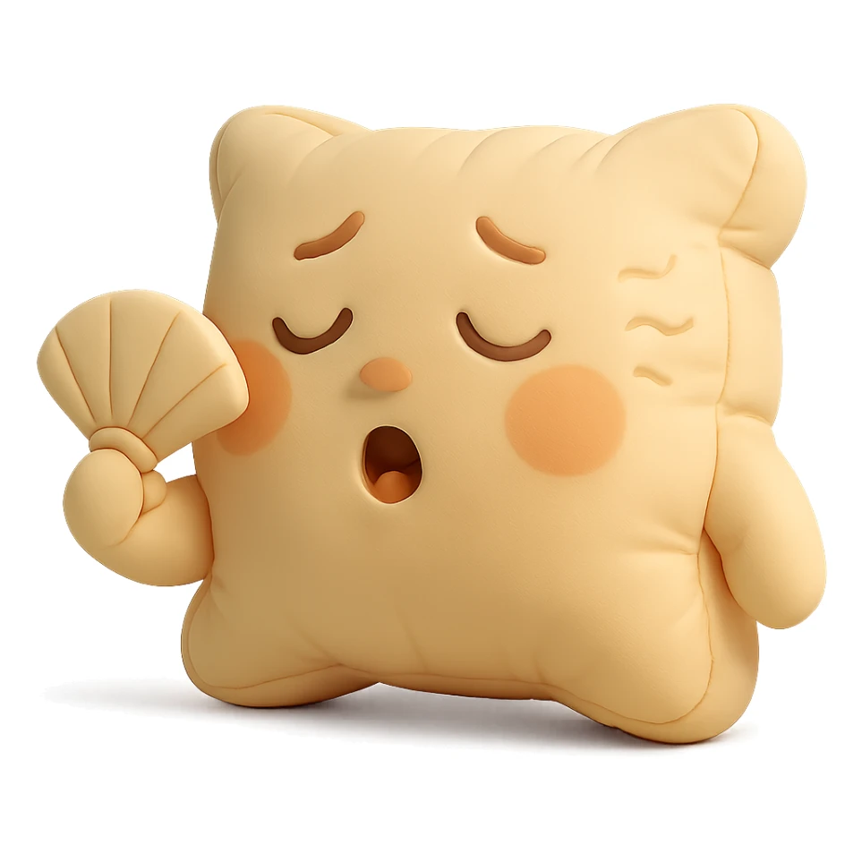plush cushion face fanning itself, hot weather, stylized and cute, cushion style sticker