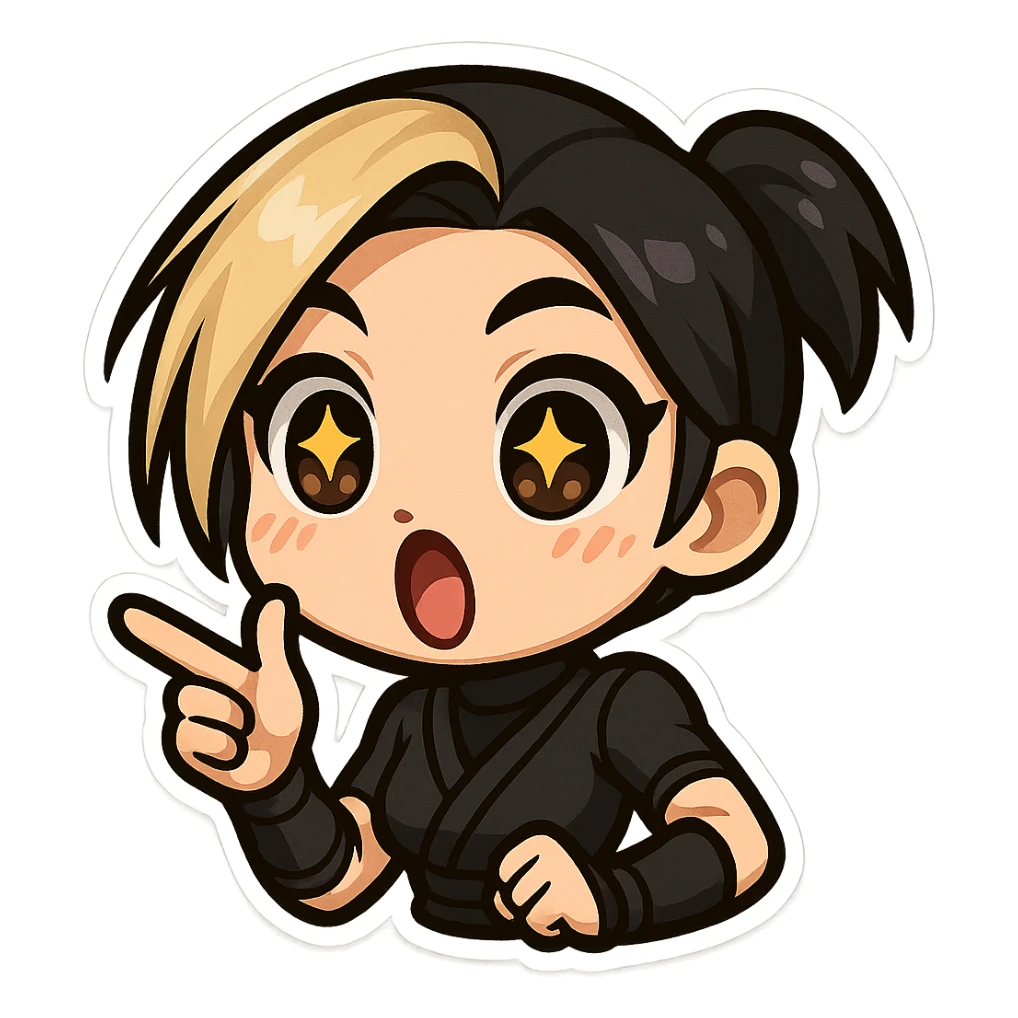 Make the expression even more weird-cute in colorful chibi style: sexy chibi ninja girl with black short hair and a blonde streak, only head and arms, making a finger gun gesture, bold outlines, transparent background, no mask, eyes wide open with stars, mouth open in a big O, sized for Twitch emoji use. sticker