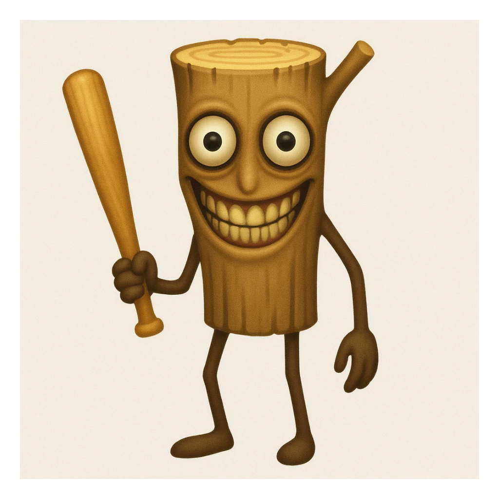 Make the stump character much skinnier and longer, with a face that is even creepier—large, wide, staring eyes and an exaggerated unsettling smile, closely matching the new reference image. Keep arms and legs, holding a baseball bat. Render in emoji style. sticker
