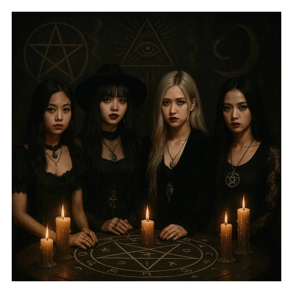 Blackpink in occult goth style, mystical symbols, candles, mysterious vibe sticker