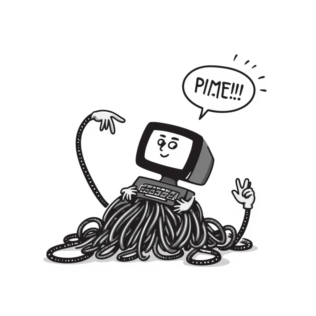 hand-drawn doodle of a computer tripping over its own cables, looking embarrassed, symbolizing an AI epic fail sticker
