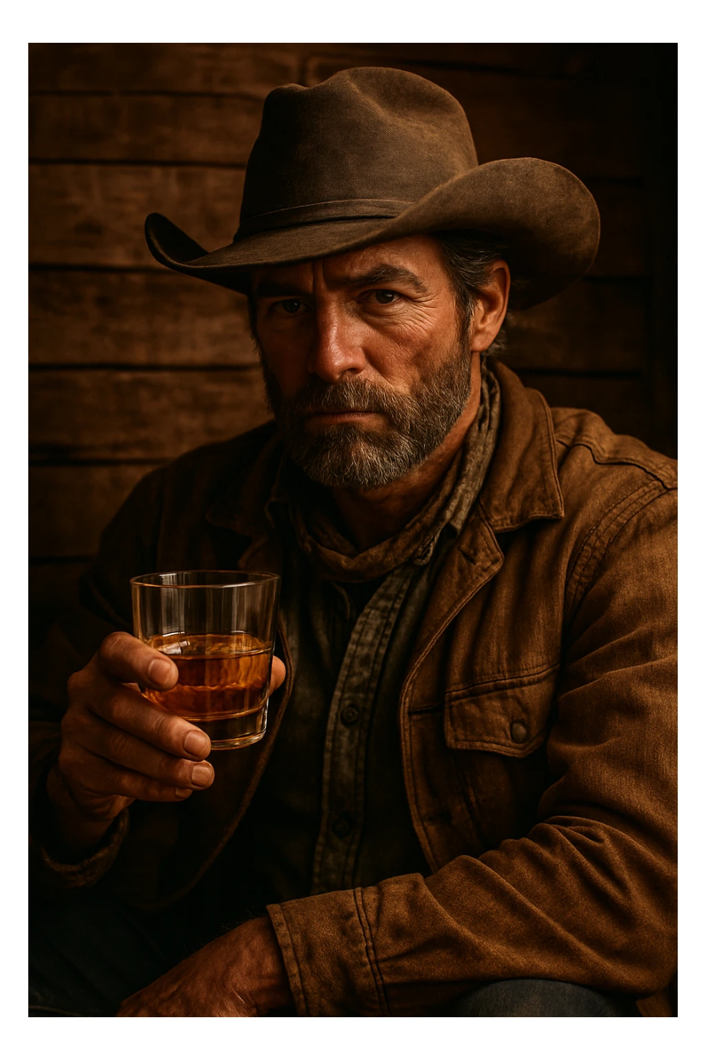 A man wearing a cowboy hat holding a glass of whiskey sticker