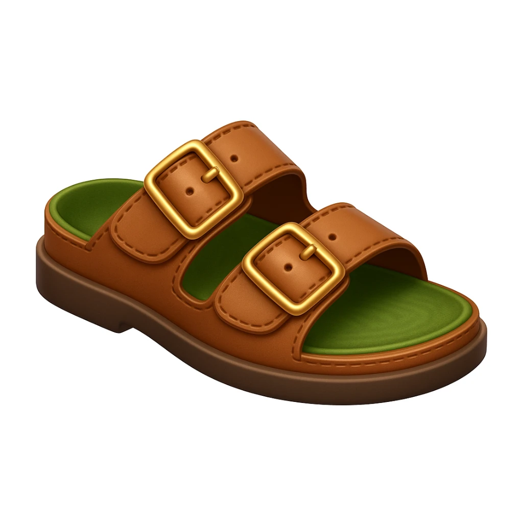Create a shoe emoji that looks exactly like the reference image in iOS emoji style. The shoe should be 3D with shiny, smooth gradients, soft shadows, and a realistic brown sandal with straps, capturing the classic emoji look. Add a subtle highlight to the leather. sticker