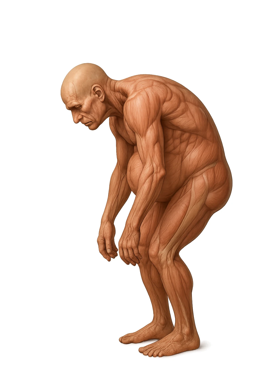 corpo umano anatomico realistico che si butta con la schiena e le spalle in avanti, pancia sporgente e postura delle spalle chiuse, isolato su sfondo bianco sticker