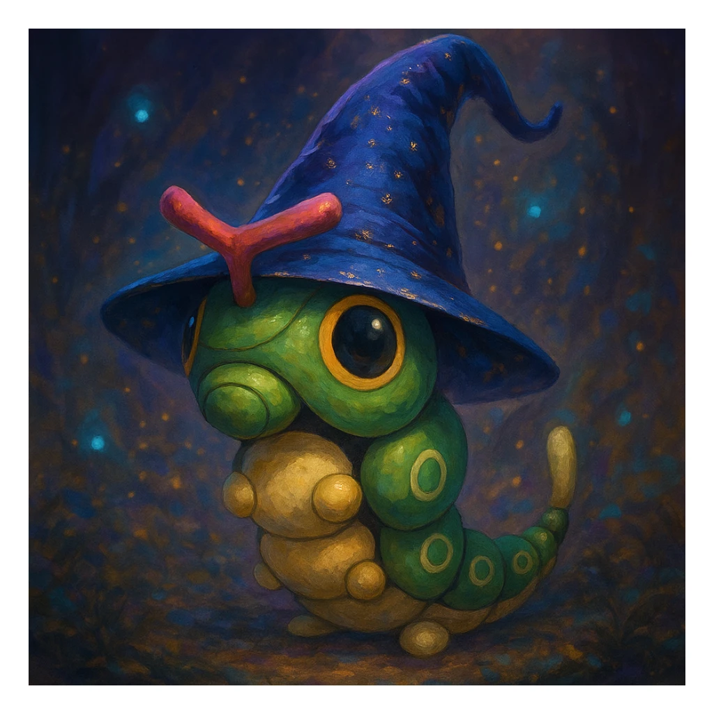 Caterpie wearing a wizard hat, magical fantasy style sticker