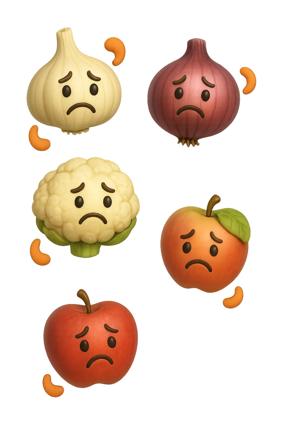EMOJI STILE IPHONE DI aglio, cipolle, cavolfiore e mele che cadono verticalmente dall'alto con espressione triste con pezzi di colon avvolti intorno, IPERREALISTICO 4K sticker