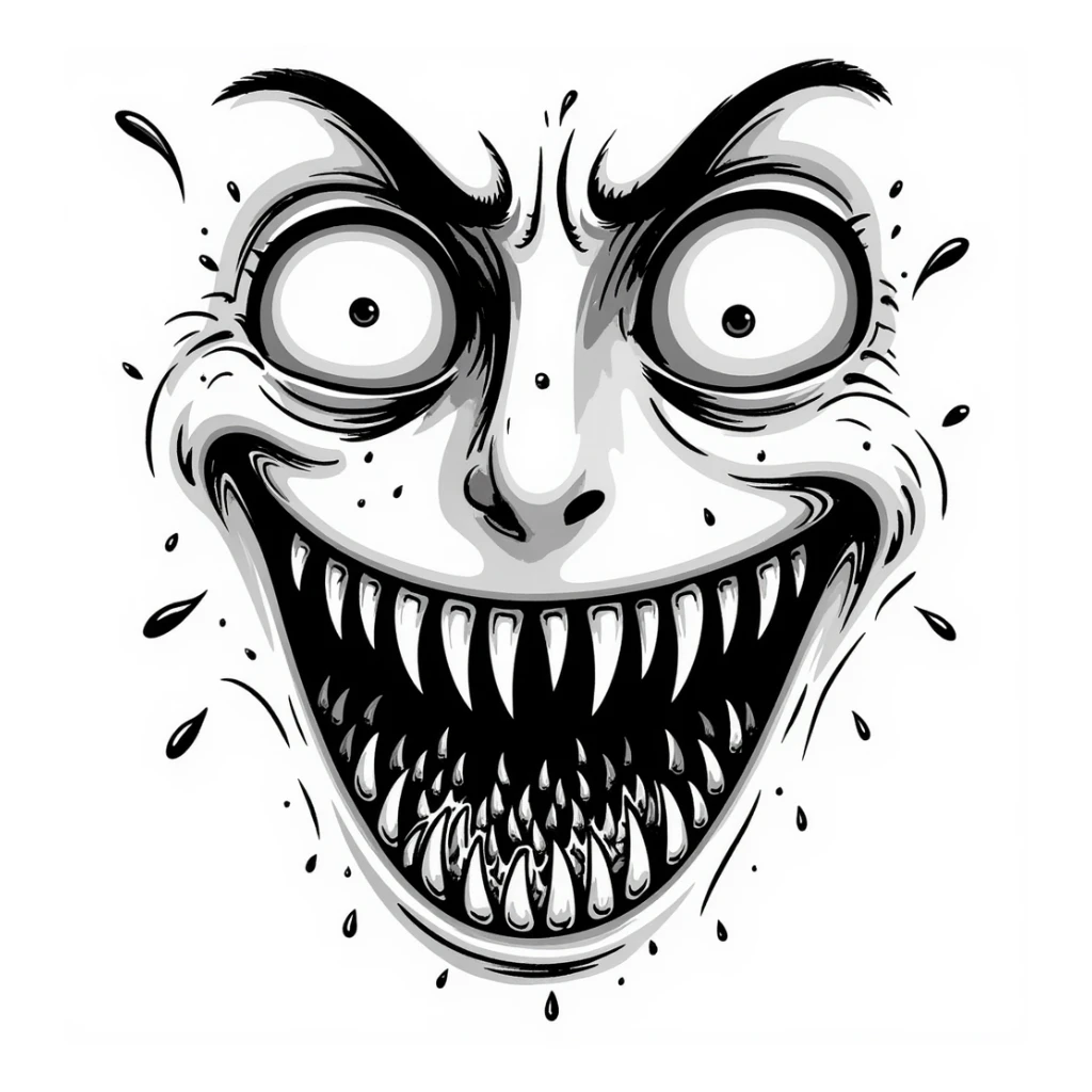 sketchy japanese horror manga style, extremely disturbing face with bulging eyes, split face revealing hundreds of tiny teeth inside, uncanny, creepy, Junji Ito inspired sticker