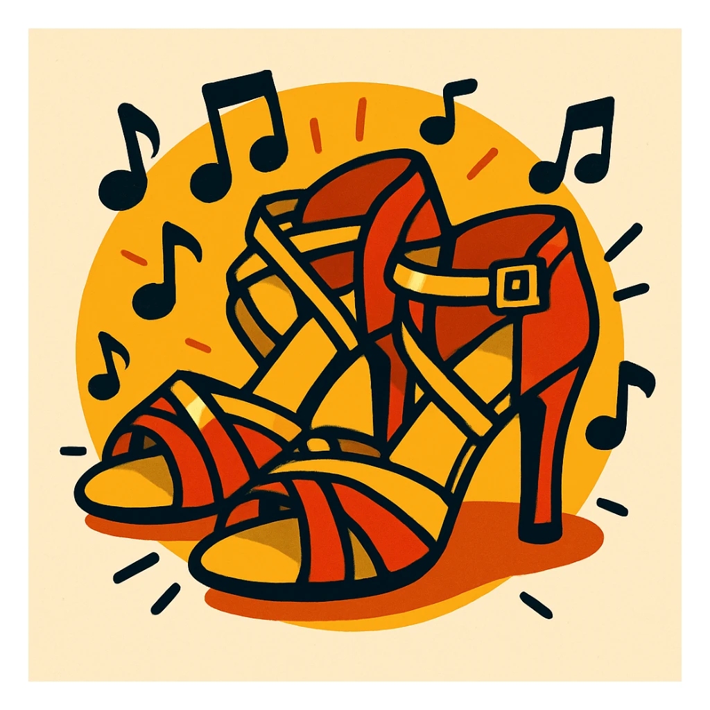 salsa dance shoes, red and gold, with musical notes, lively style sticker