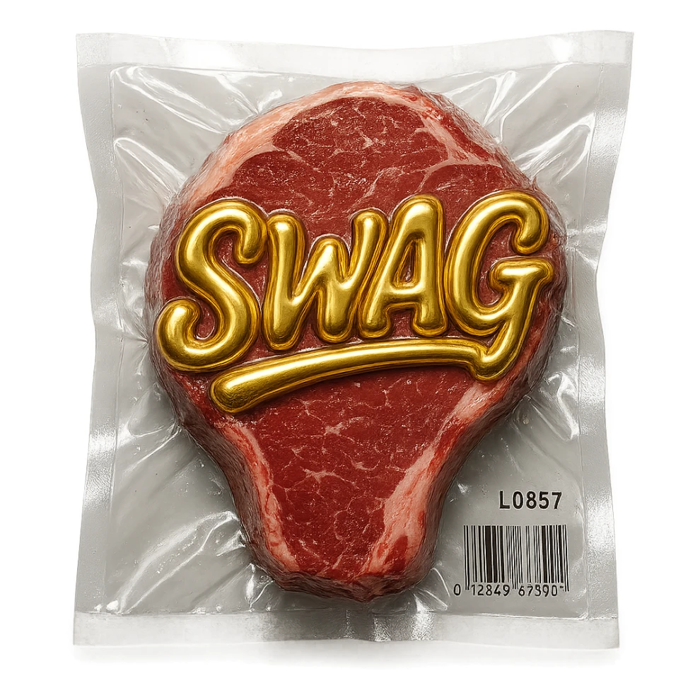 steak with gold script 'SWAG' written across, glossy and puffy, vacuum-sealed style sticker