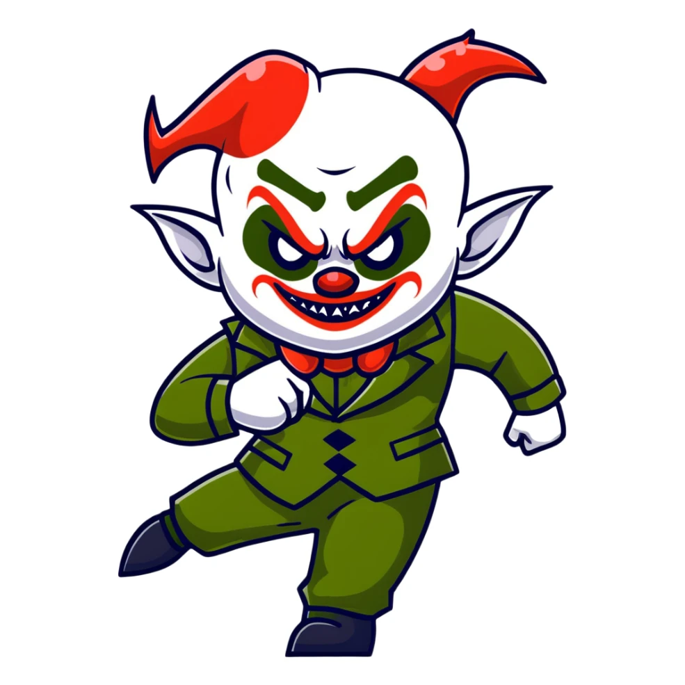 evil clown warrior, bald, very short devil-like horns on forehead, fangs, pointed ears, black and military green leisure suit, battle-ready fighting posture sticker