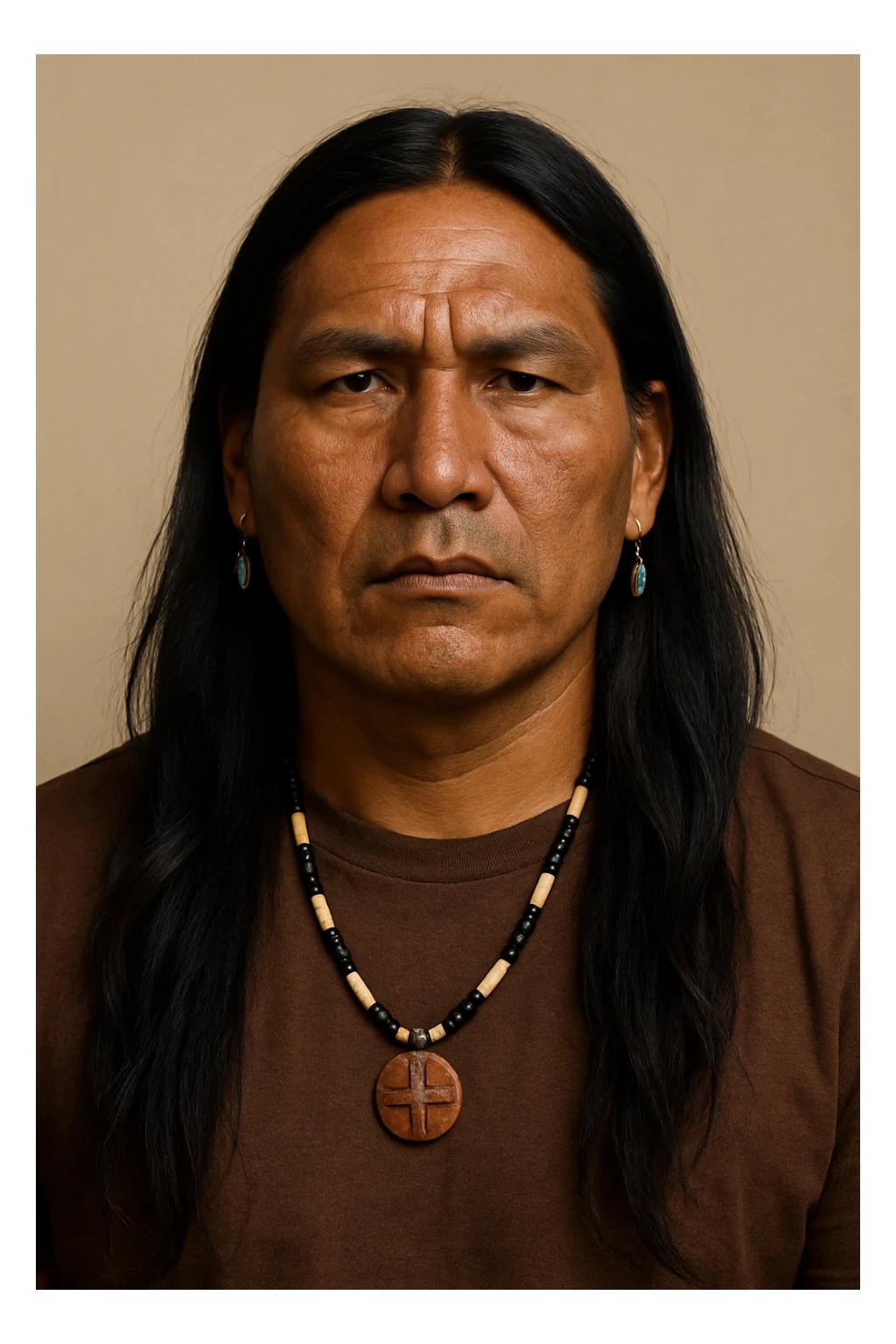 Native Indigenous man with long black hair and brown skin, serious expression, subtle cultural jewelry, plain background sticker