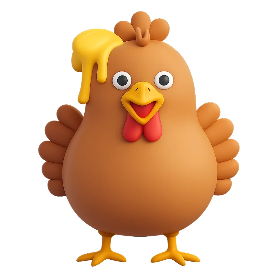 Make the butter on the chicken's head melting, in 3D emoji style, keep the background transparent. The original style is 3D emoji which does not support editing, so using general style to respect the 3D emoji look. sticker