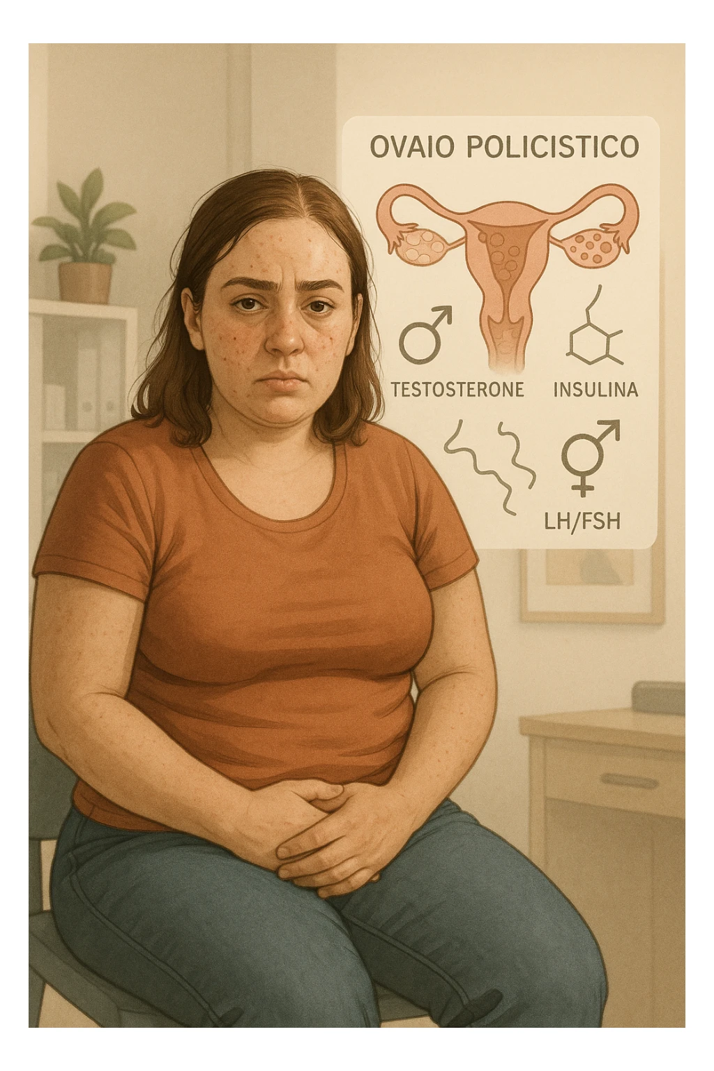 Donna tra i 25 e i 35 anni, con espressione stanca ma determinata, seduta in uno studio medico o nella sua stanza, con mani sul basso ventre. Sullo sfondo un diagramma trasparente o fluttuante di ovaie con cisti multiple, ormoni stilizzati in disequilibrio (testosterone, insulina, LH/FSH). Leggeri segni visivi di sintomi tipici: acne sul viso, lieve aumento di peso, capelli leggermente diradati in zona frontale. Ambiente realistico ma con elementi educativi e simbolici. Toni tenui ma caldi, stile empatico e informativo. in italiano sticker