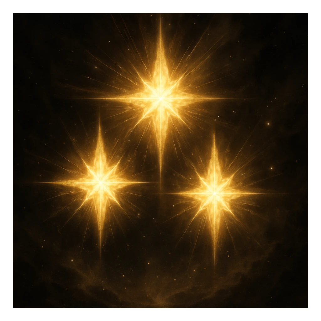 three stars grouped together, glowing and radiant, dramatic style, sparkling light, grandeur, majestic aura sticker