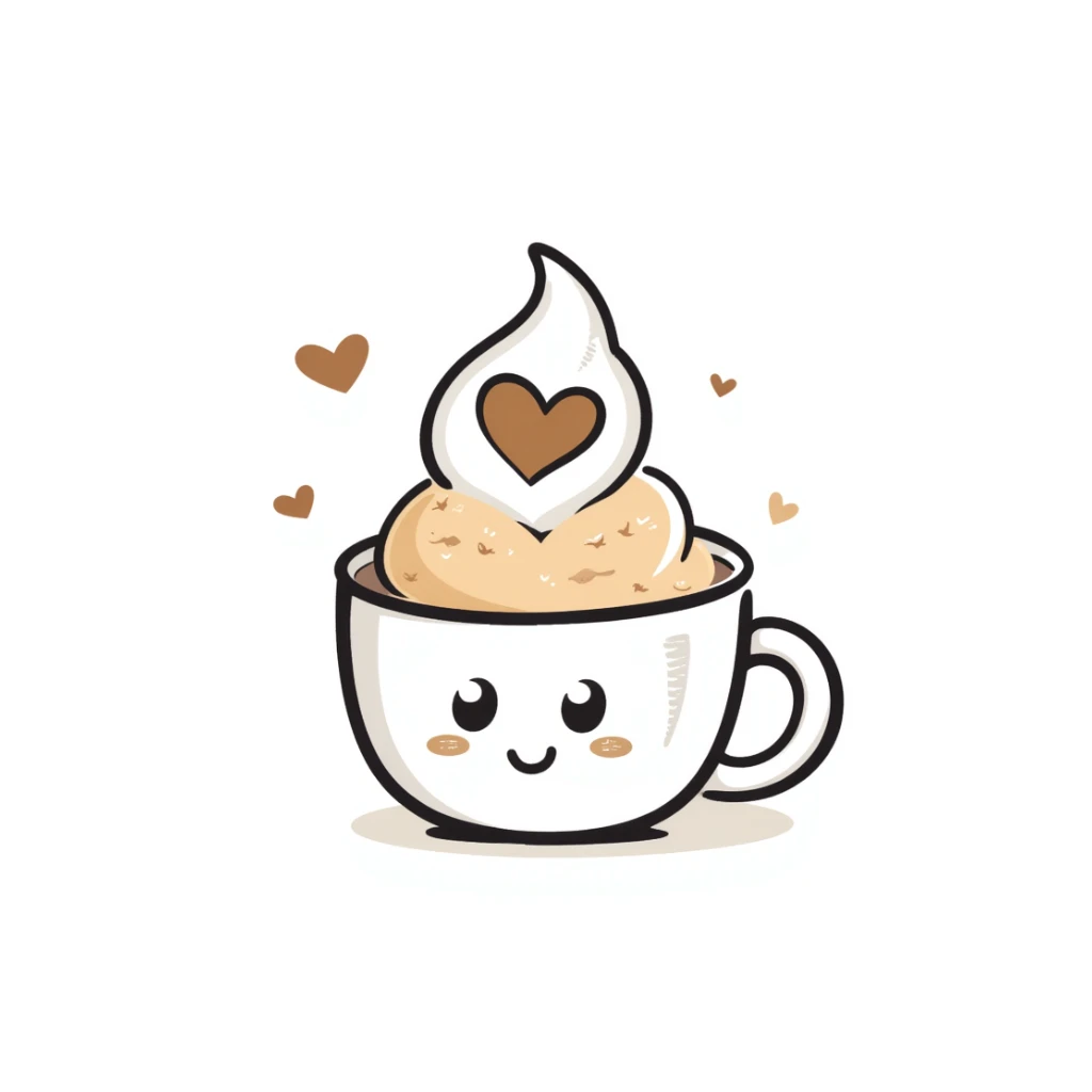 latte with heart foam and a cute face, caramel beige and coffee brown, dreamy hand-drawn Japanese style sticker