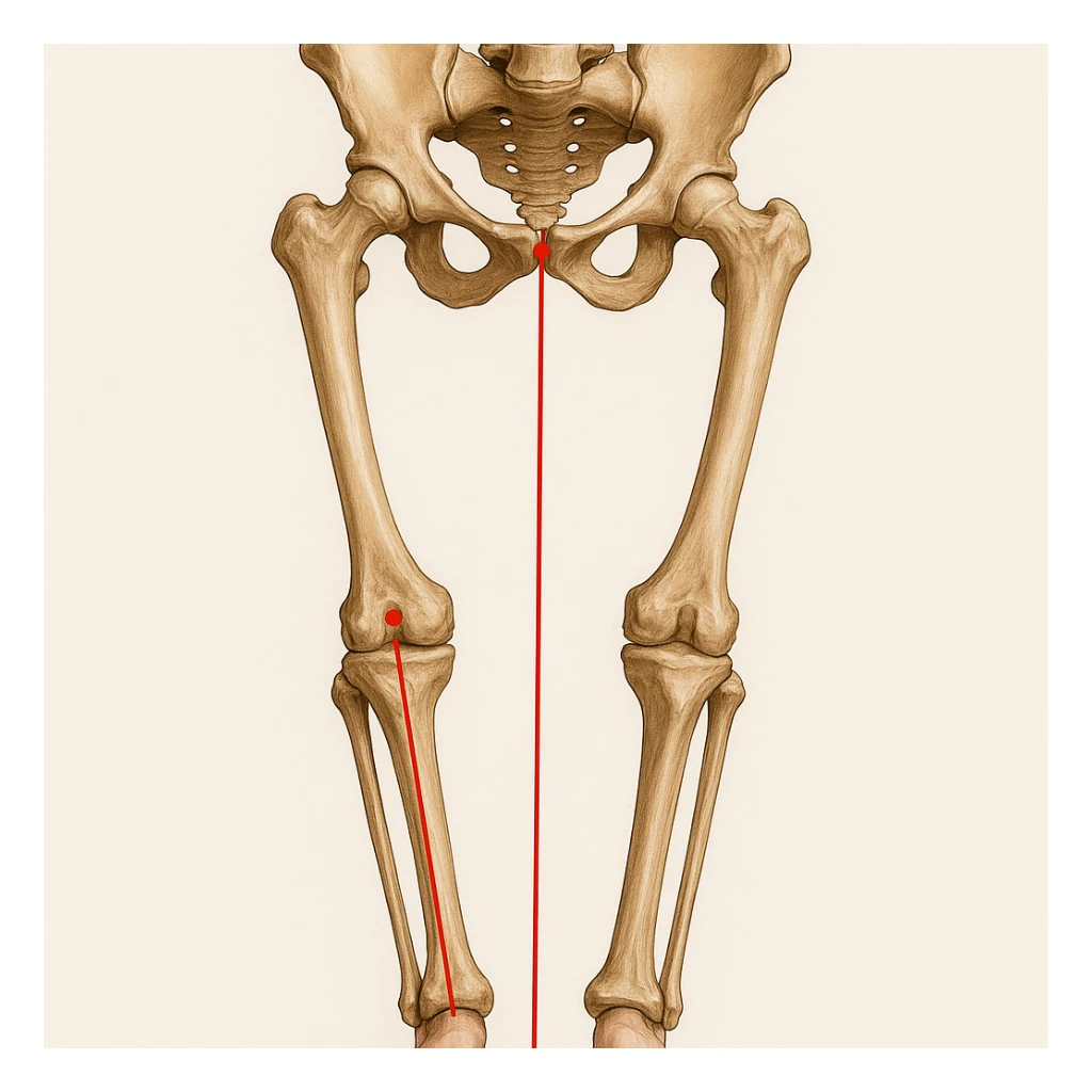 Hyperrealistic anatomical illustration 4K, rear view, 1:1 proportion, varus knee (bow-legged) seen from the front, pelvis bones, femur, tibia, and fibula clearly highlighted, red mechanical axis line, realistic details, medical style, neutral background. sticker