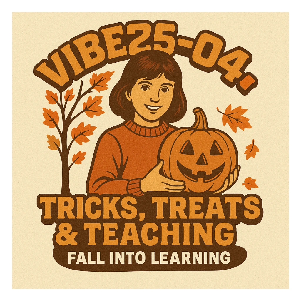 Create a logo that encompasses a retro 80's feel, nostalgic, ALSO RETRO.  Add the words "VIBE25-04: Tricks, Treats & Teaching: Fall Into Learning" sticker