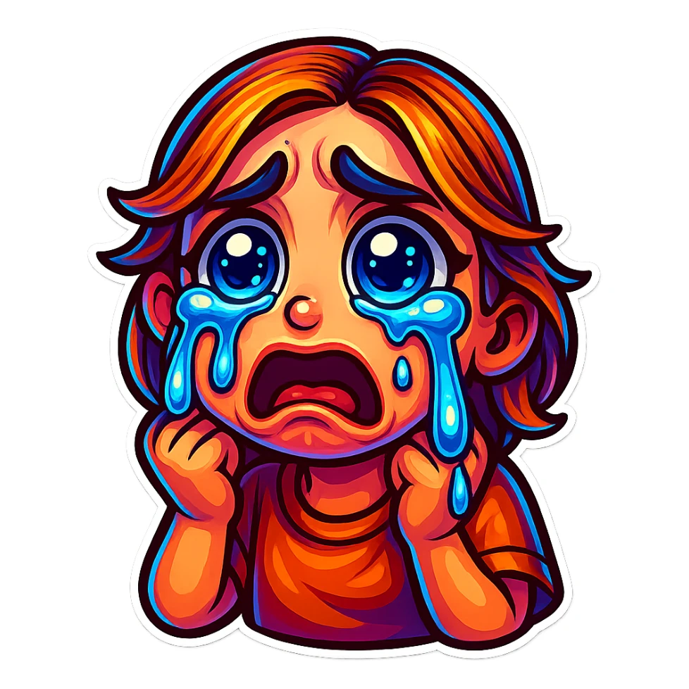 Create a cartoon sticker with a crying expression in the style of Flux Pro, with a transparent background. The style should reflect the vibrant and detailed characteristics of Flux Pro style. sticker