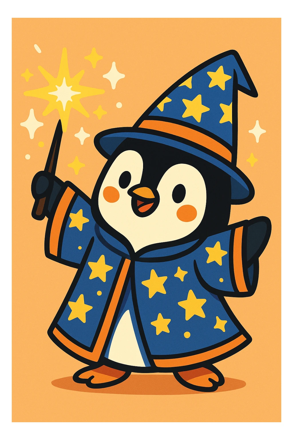 a penguin wizard casting a sparkling spell, wearing a starry robe and hat, in a cute cartoon style sticker